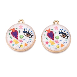 Разноцветный Подвески из эмали из сплава с печатным покрытием стойки, золотые, плоский круглый с подвеской в виде глаз и сердца, красочный, 28.5x25x4 мм, отверстие : 1.8 мм