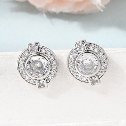 Clear Brass Micro Pave Cubic Zirconia Stud Earrings, Round, Rack Plating, Long-Lasting Plated, Cadmium Free & Lead Free, Platinum, Clear, 13x11.5mm