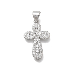 Платина Подвески-крестики из латуни с микропаве и прозрачным кубическим цирконием, без кадмия и без свинца, стойки покрытие, долговечный, платина, 22.5x14.5x2.5 мм, отверстие : 4.5x3.5 мм