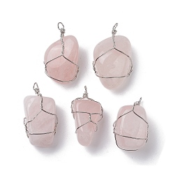 Розовый Кварц Подвески из медной проволоки из натурального розового кварца, самородки прелести, платина, 29.5~37x14~22x9.5~17.5 мм, отверстие : 2.2 мм
