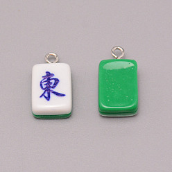 Blau Harzanhänger, mit Eisen-Befund, Nachahmung von Mahjong-Fliesen, grün, Rechteck, Blau, 19.5~20.5x11.5x7~7.5 mm, Bohrung: 2 mm