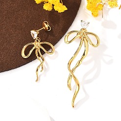 Настоящее золото 18K 304 Серьги-гвоздики из нержавеющей стали с прозрачным фианитом и микропаве, бантом, реальный 18 k позолоченный, 37x21.5 мм, 56.5x23 мм