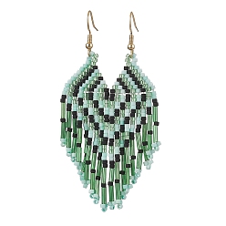 Green Boho 304 Stainless Steel with Glass Dangle Stud Earring, Heart, Green, 84x26mm