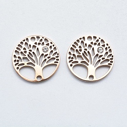 Розовое Золото 316 соединители из хирургической нержавеющей стали с микропаве из кубического циркония, древо жизни, прозрачные, розовое золото , 15x2 мм, отверстие : 1 мм