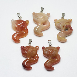 Красный Агат Натуральный сердолик / красные агатовые подвески, с защелкой из нержавеющей стали на поручнях, лиса, платина, 44~46x29~30x11~12.5 мм, отверстие : 8.5x4 мм