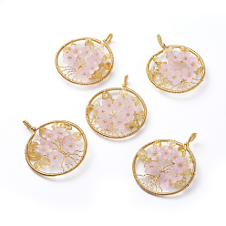 Цитрин Природные подвески цитрин, с золотыми тонами латунных находок и цветочными акриловыми бусинами, плоско-круглые, 62~66x50~52x10~15 мм, отверстие : 4 мм