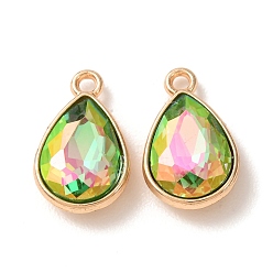 Lime Green Electroplate Glass Pendants, Teardrop Charms, with Alloy, Golden, Faceted, Lime Green, 19.5x12.5x5.5mm, Hole: 1.8mm
