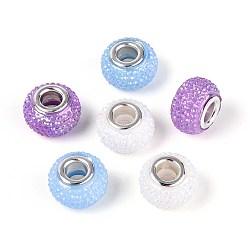 (52) Непрозрачная лаванда Европейские бусины из смоляных страз с большим отверстием, с платиновой латуни двойной ядер, рондель, разноцветные, 14x9 мм, отверстие : 5 мм