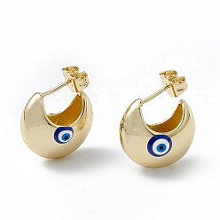 Blue Enamel Crescent Moon with Evil Eye Stud Earrings, Real 18K Gold Plated Brass Half Hoop Earrings for Women, Blue, 16.5x18mm, Pin: 1mm