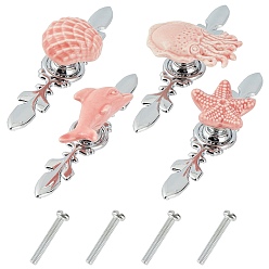 Pink Porcelain Drawer Knobs, with Zinc Alloy Finding and Iron Screw, for Home, Cabinet, Cupboard and Dresser, Mixed Shapes, Pink, 4sets/bag