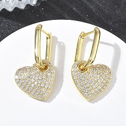 Настоящее золото 18K Женские серьги-кольца из латуни с микропаве из кубического циркония, сердце, стойки покрытие, долговечный, без свинца и без кадмия, реальный 18 k позолоченный, 29x17 мм