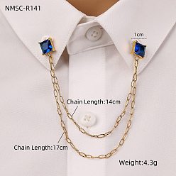 Синий 304 квадратная подвесная брошь-цепочка из нержавеющей стали с кубическим цирконием, золотые, синие, 170 мм, брошь: 10 мм