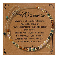 Смешанные камни Браслеты с подвесками в виде латунных крестиков на день рождения, Регулируемые браслеты из натуральных круглых бусин с драгоценными камнями для мужчин, золотые, с открытки, 11.02 дюйм (28 см)