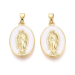 Белый Подвески из латуни и эмали, овал с подвесками Девы Марии, реальный 18 k позолоченный, белые, 21.5x13.5x2.5 мм, отверстие : 4.5x2.5 мм