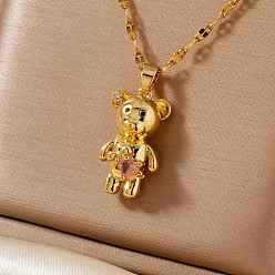 Pink Милые кулоны-медведи из латуни с кубическими цирконами и паве для женщин, золотые, розовые, 15.75 дюйм (40 см)