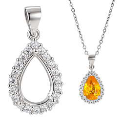 Платина 1шт. 925 подвеска из стерлингового серебра с микропаве из прозрачных кубических цирконий, оправа для кабошонов, слезинки, с полировкой из замши, настройки открытой спины, платина, лоток : 9.5x6 мм, 18.5x12x5 мм, отверстие : 4x3.5 мм