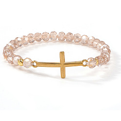 Розово-Коричневый Стеклянные бусины стрейч-браслет, ювелирные изделия из сплава с звеньями для женщин, крестик, розово-коричневый, 6.89 дюйм (17.5 см)
