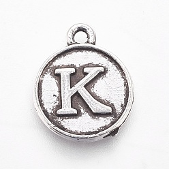 Letter K Подвески из сплава в тибетском стиле, плоские круглые с буквы, античное серебро, letter.i, 15x12.5x2 мм, отверстие : 1.5 мм