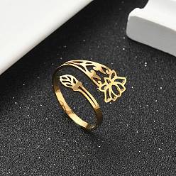 Золотой 304 из нержавеющей стали Манжета кольца для женщин, полый, лотос, золотые, внутренний диаметр: 19 мм