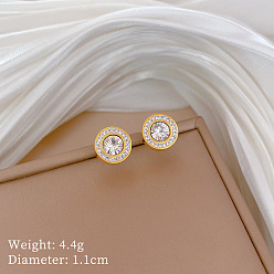 Золотой 304 Серьги-гвоздики из нержавеющей стали с прозрачными кубическими циркониями, плоско-круглые, золотые, 11 мм