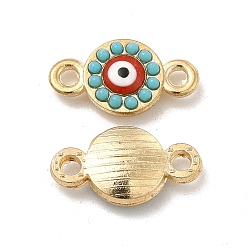 Golden Alloy Connector Charms with Enamel and Synthetic Turquoise, Flat Round Links with Red Evil Eye, Nickel, Golden, 13.5x7.5x3mm, Hole: 1.5mm