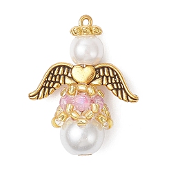 Pink Подвески из перламутрового стекла и жемчуга, угол, с крылом из сплава и железной петлей, розовые, 26x20x10.5 мм, отверстие : 1 мм