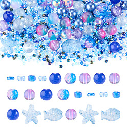 Dark Blue 1Bag Mixed Styles Glass Beads, Round & Starfish & Fish & Rondelle, Dark Blue, 2~14x2~10x1~8.5mm, Hole: 0.8~1.5mm
