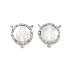 Platinum Brass Micro Pave Clear Cubic Zirconia Chandelier Component Links, Round with Virgin Mary, with Natural White Shell, Cadmium Free & Lead Free, Long-Lasting Plated, Rack Plating, Platinum, 17x16x3mm, Hole: 1.4mm