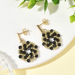 Black Flower Glass Beaded Dangle Earrings, Brass Seed Beads & 304 Stainless Steel Stud Earrings for Women, Golden, Black, 33x22mm