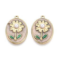 Светло-коричневый 304 подвески из эмали из нержавеющей стали и искусственного жемчуга из АБС-пластика, овал с цветочными подвесками, ионное покрытие (ip), реальный 18 k позолоченный, загар, 26x18x5 мм, отверстие : 1.2 мм