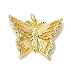 Orange Butterfly Brass Enamel Micro Pave Cubic Zirconia Pendants, Real 18K Gold Plated, with Jump Ring, Orange, 22x26.5x3mm, Hole: 4.2mm
