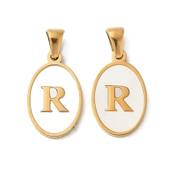 Letter R Натуральный ракушечный овал с инициалами, с 304 установками из нержавеющей стали, ионное покрытие (ip), реальный 18 k позолоченный, белые, Буква R, 21x13x2 мм, отверстие : 3.5x5 мм