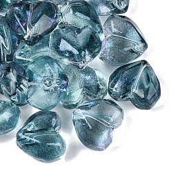 Teal Transparent Glass Beads, Faceted, Heart, Dyed & Hearted, with Glitter Powder, Teal, 12.5~13x14.5~15x9~9.5mm, Hole: 0.8~1.2mm, about 505pcs/1000g