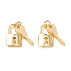 Настоящее золото 18K Стойки обшивки латунные подвески, долговечный, с целью перехода в кольце, без свинца и без кадмия, Замок и ключ, реальный 18 k позолоченный, 14x9x2.5 мм и 16x6.5x1.4 мм, отверстие : 3 мм