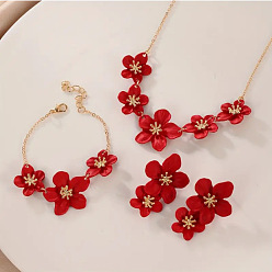 Темно-Красный Наборы из цветочных браслетов, серег и ожерелий из сплава с распылением краски для женщин, темно-красный, 530 мм