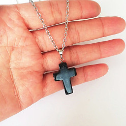 Синий Драгоценный Камень Синтетический голубой авантюрин крест кулон ожерелье, ожерелья из сплава для женщин, платина, 20.47 дюйм (52 см)