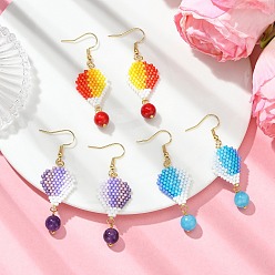 Mixed Color 304 Stainless Steel with Glass Cylinder Seed Beads Hot Air Balloon Dangle Earrings, Brass Earrings, Golden, Mixed Color, 60x18.5mm