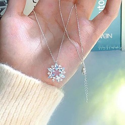 Light Sapphire Christmas Alloy Rhinestone Snowflake Pendant Necklaces for Women, Platinum, Light Sapphire, 15.75 inch(40cm)
