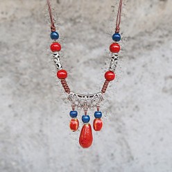 Красный Ожерелья из богемского сплава с фарфоровой каплевидной бусиной и кисточкой, регулируемые, античное серебро, красные, 19.69~31.50 дюйм (50~80 см)