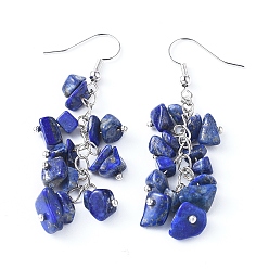 Ляпис-Лазурь Болтаются серьги, кластерные серьги, с натуральными чипсами из лазурита и платиновыми латунными крючками, 60~63 мм , штифт: 0.5 мм