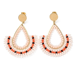 Linen Woven Glass Beaded Teardrop Dangle Stud Earrings, with PVD Vacuum Plating 304 Stainless Steel Pins, Linen, 65x46mm