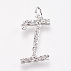 Letter I Brass Micro Pave Cubic Zirconia Letter Pendants, Platinum, Letter.I, 11x18x2mm, Hole: 3mm