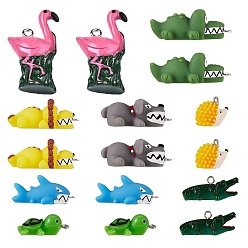 Mixed Color 16Pcs 8 Style Opaque Resin Pendants, with Platinum Tone Iron Loop, Crocodile, Tortoise, Flamingo, Hedgehog, Shark, Dog, Lion, Mixed Color, 12~13x29.5x14.5mm, Hole: 2mm, 2pcs/style