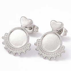 Нержавеющая Сталь Цвет Не тускнеет 304 фурнитура для сережек-гвоздиков из нержавеющей стали, сердце с круглыми серьгами в форме подноса, с уха орехов, цвет нержавеющей стали, 17x14 мм, штифты : 0.6 мм, лоток : 8 мм