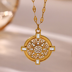 Sun Bohemian Brass Pave Clear Cubic Zirconia Pendant 304 Stainless Steel Chain Necklaces, Golden, Sun, 14.96 inch(38cm), pendant: 25x22mm