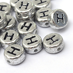 Letter H Plated Acrylic Horizontal Hole Letter Beads, Flat Round, Letter.H, 7x4mm, Hole: 1.3mm, about 3600pcs/500g