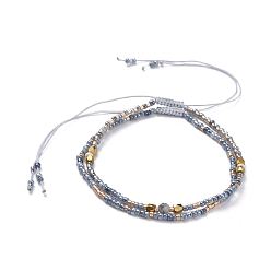 Gray Braided Beaded Bracelets, with Glass Seed Beads, Natural Gemstone Beads, Brass Bead Spacers and Burlap Bags, Gray, 55mm