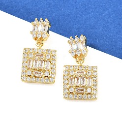 Настоящее золото 18K Серьги-гвоздики с цирконом из латуни, квадратный, реальный 18 k позолоченный, 21x11 мм