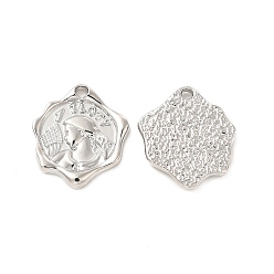Platinum Rack Plating Alloy Pendants, Cadmium Free & Lead Free, Flower Charms with Man pattern, Platinum, 20x18x2.5mm, Hole: 1.8mm