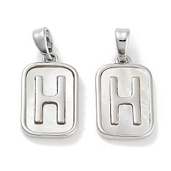 Platinum Brass Pave Natural Shell Rectangle Pendants, Letter H Charms, Platinum, 16x10.5x2mm, Hole: 4.5x2mm